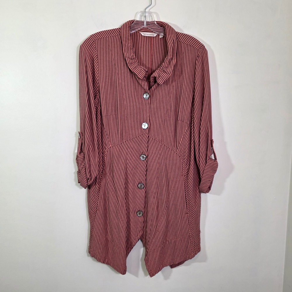 Soft Surroundings Women Tunic Shirt Striped Roll Tab Sleeve Tulip Hem Medium M
